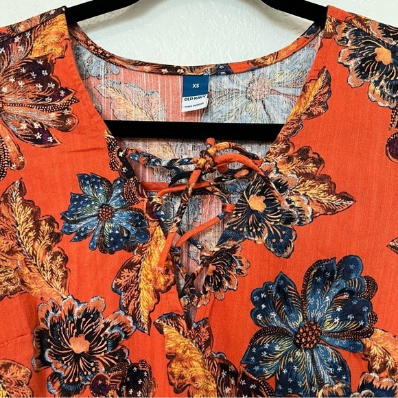 2/$30 Old Navy Tie-Neck Tiered Cotton Mini Floral Swing Dress Orange - Picture 6 of 15